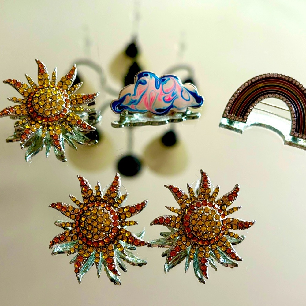 Sassy Jones Rhinestones Sun Earrings, Sun Pin, Cloud Pin and Rainbow Pin
